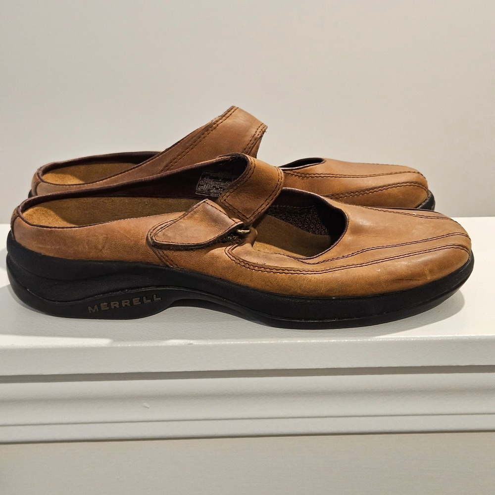 Merrell Clog Mules Womens 8.5 Brown Topo Leather Mary Jane Air Cushion Slip On